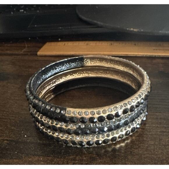 Black Gold Tone Rhinestone Bangle Set Stackable Multi Layer - Picture 3 of 3